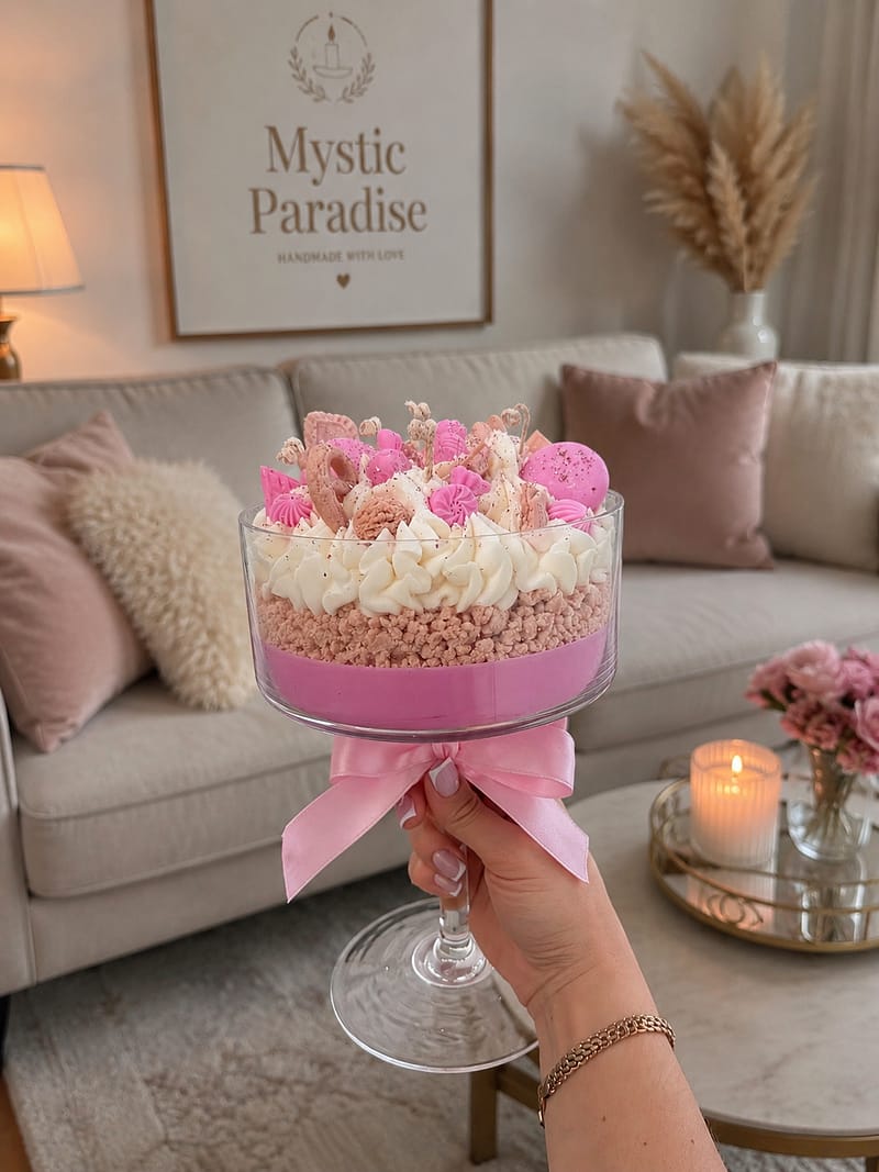 home Rosa Dessertkerze im Glas mit Piña-Colada-Duft und Sojawachs-Dekoration