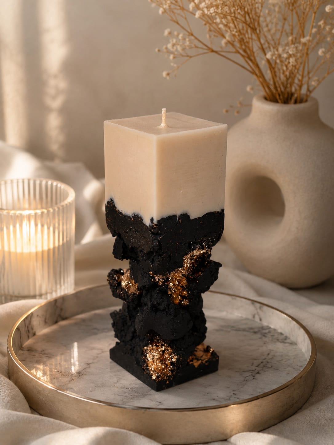 Handgemachte schwarze Strukturkerze mit Goldoptik Schwarze strukturierte Dekokerze mit goldenen Akzenten auf hellem Dekotablett