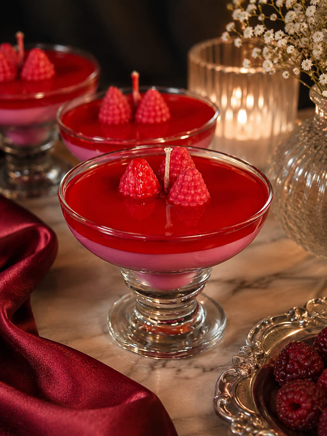 Romantische Cocktailkerzen mit Himbeeren Rote Cocktailkerzen mit Himbeer-Dekor auf stilvollem Hintergrund