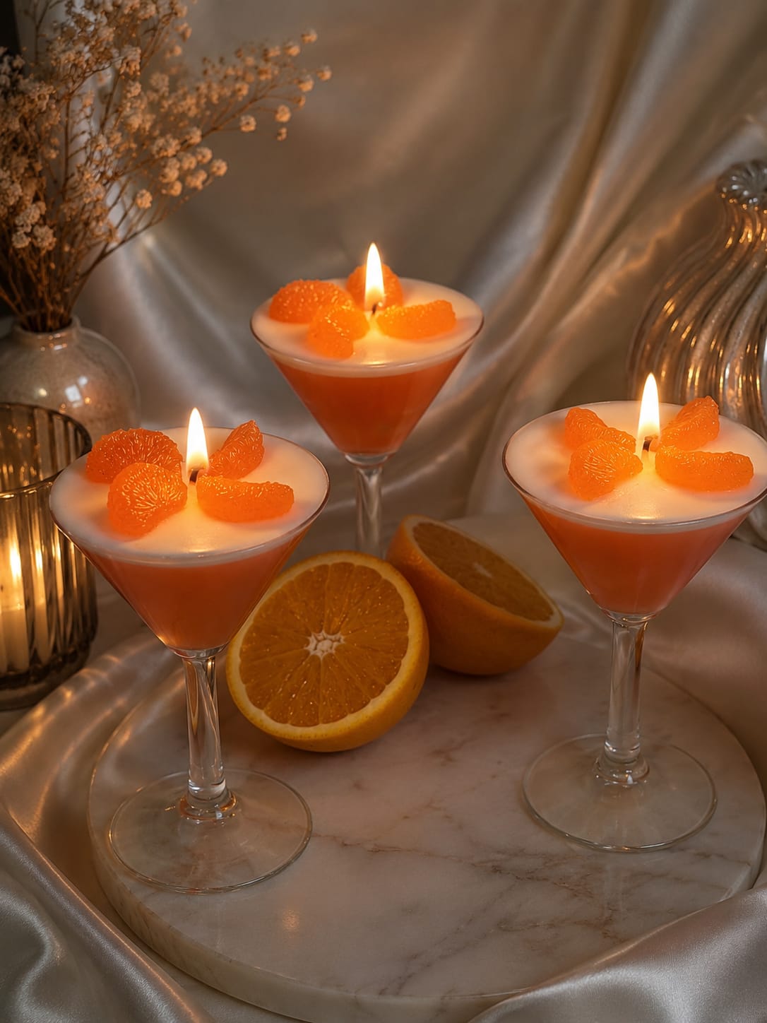 Cocktailkerzen mit Mandarine – Duftkerzen im Martini-Glas Handgemachte Cocktailkerzen im Martini-Glas mit Mandarinen-Dekor aus Wachs und Duft Citrus & Mandarine auf eleganter Tischdekoration