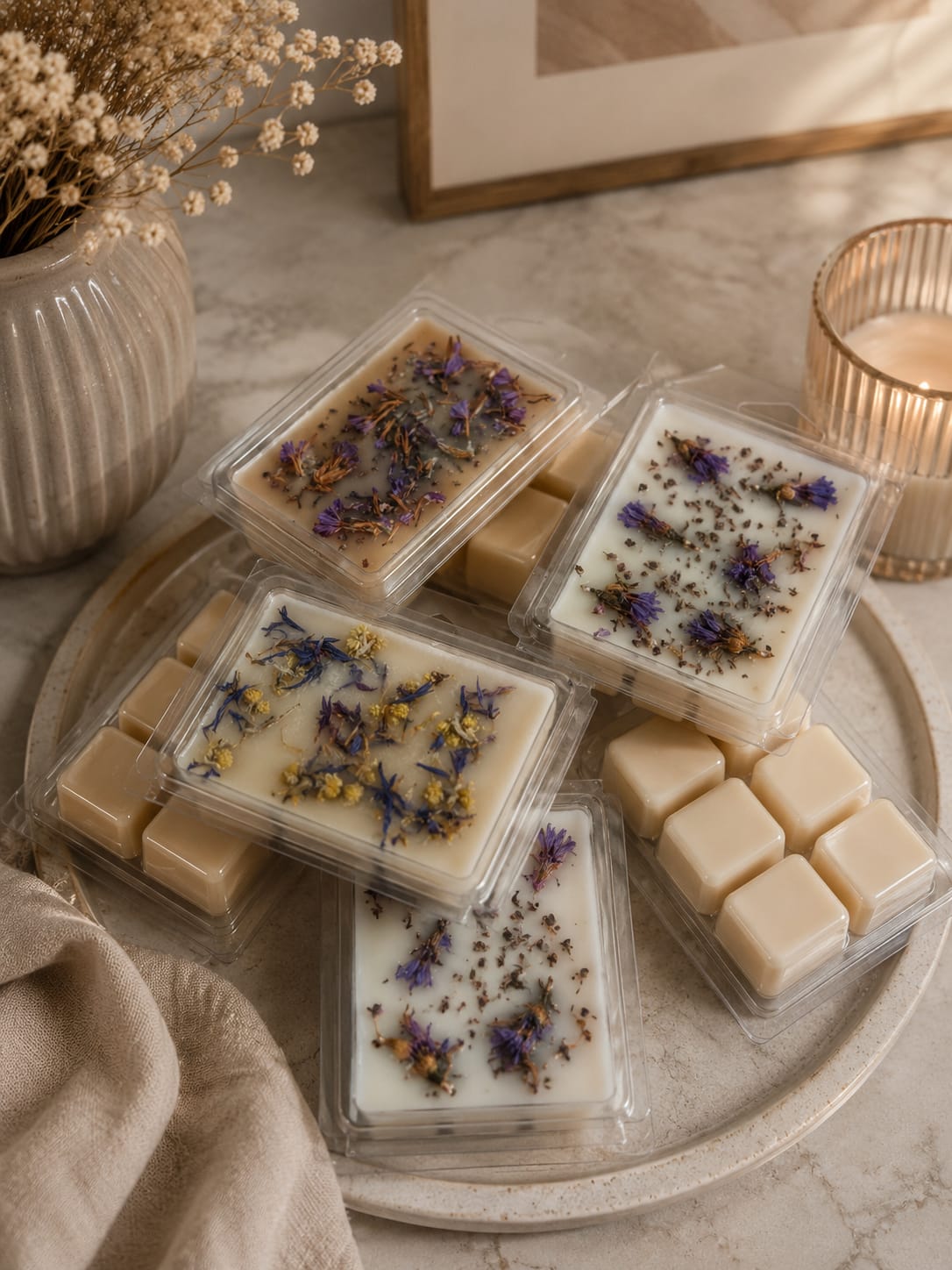 Florale Duftwachse mit Trockenblumen Luxuriöse florale Wax Melts aus Sojawachs mit Trockenblumen im modernen Wohnstil