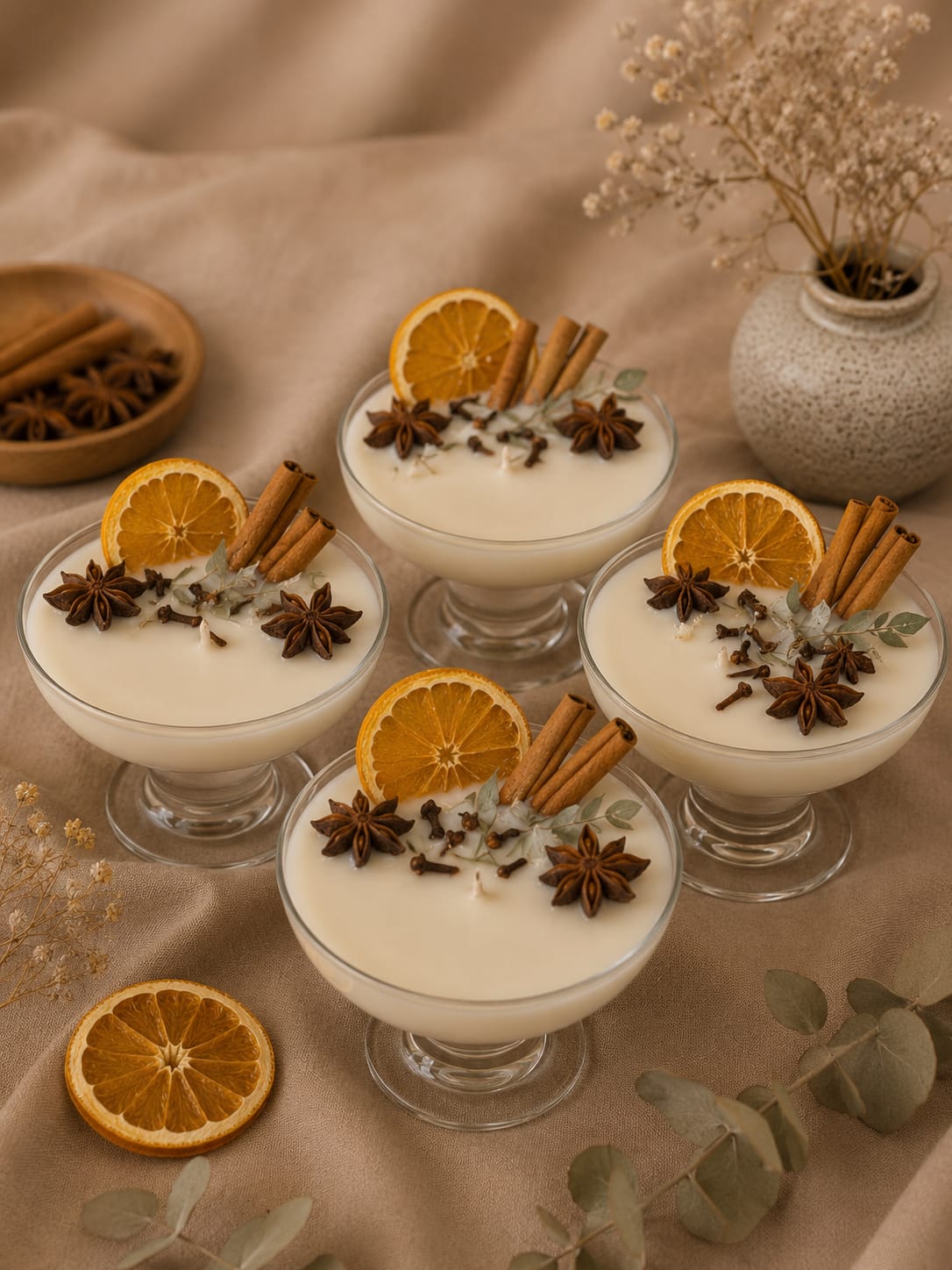Handgemachte Duftkerze „Fruchtiger Käsekuchen mit Zitrone“ Olivenwachs Kerze im Glas mit Zitronen-Käsekuchen Duft, dekoriert mit Zimt, Sternanis und getrockneter Orange