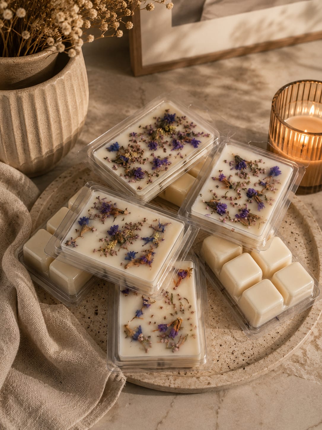 Botanical Wax Melts aus Sojawachs Handgemachte Sojawachs Wax Melts mit getrockneten Blumen auf elegantem Interior-Hintergrund