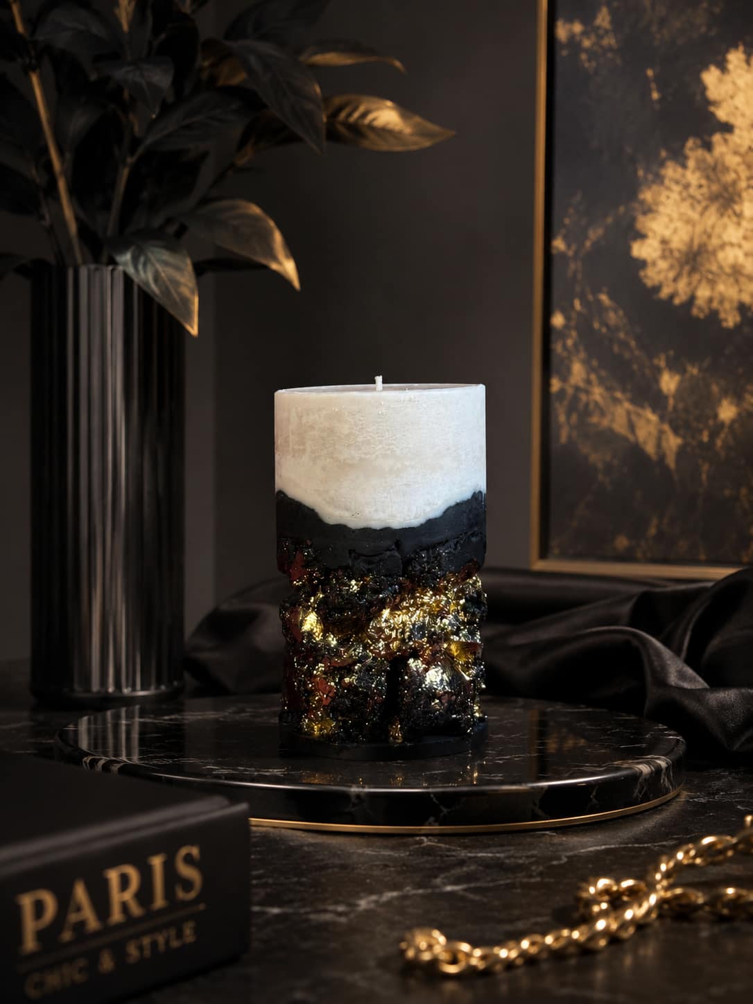 Luxus Betonkerze Schwarz mit Blattgold Moderne schwarze Duftkerze aus Beton mit Blattgold Dekor