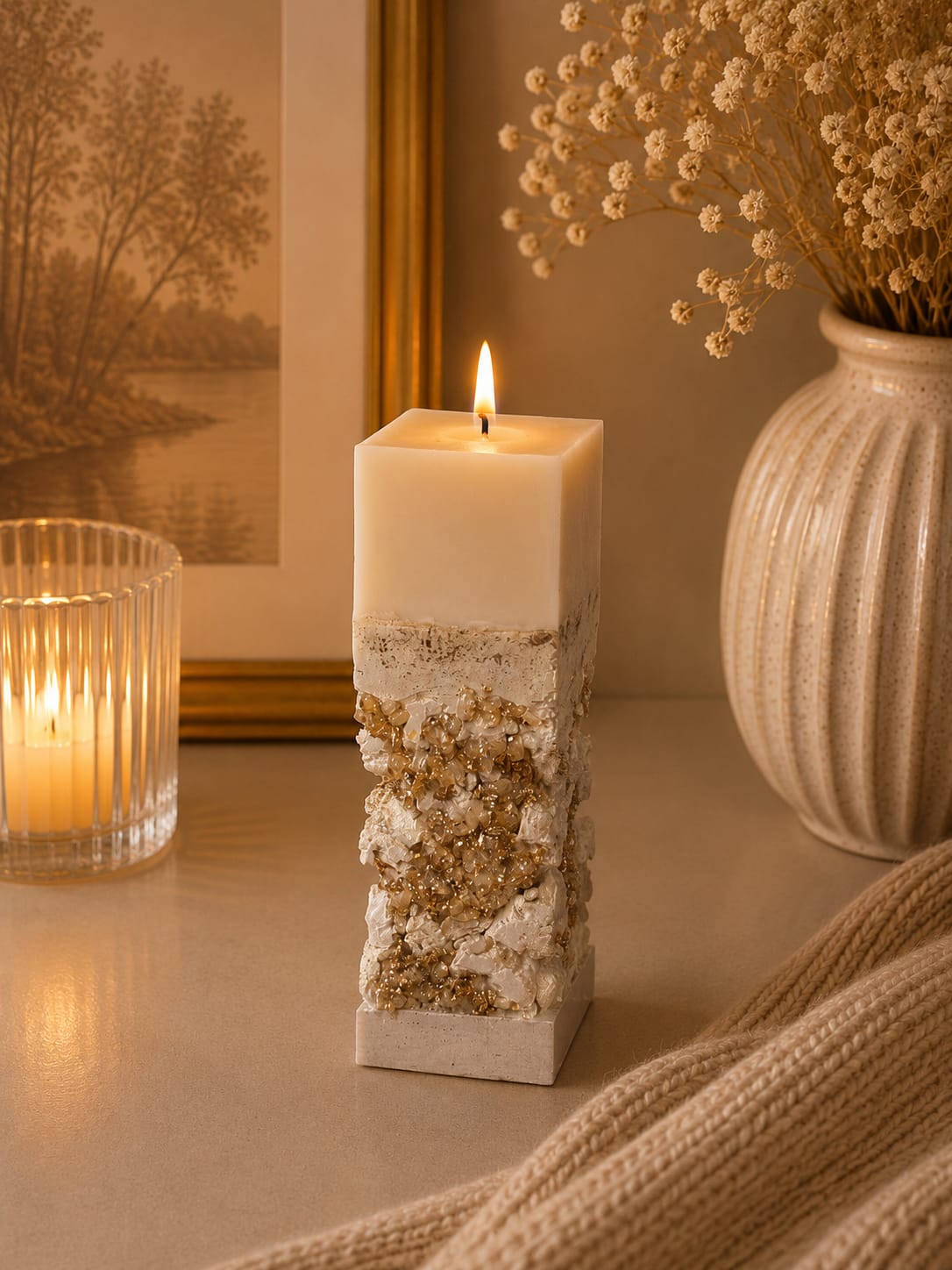 Handgemachte Designerkerze mit Kristalloptik Dekorative handgemachte Kerze mit Kristallstruktur und goldenen Akzenten in elegantem Wohninterieur.