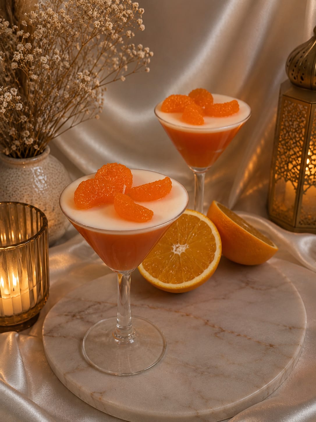 Mandarinen Cocktailkerze im Martini-Glas Handgemachte Martini-Kerze mit Mandarinen-Dekor aus Wachs und frischem Citrusduft auf eleganter Satin-Dekoration