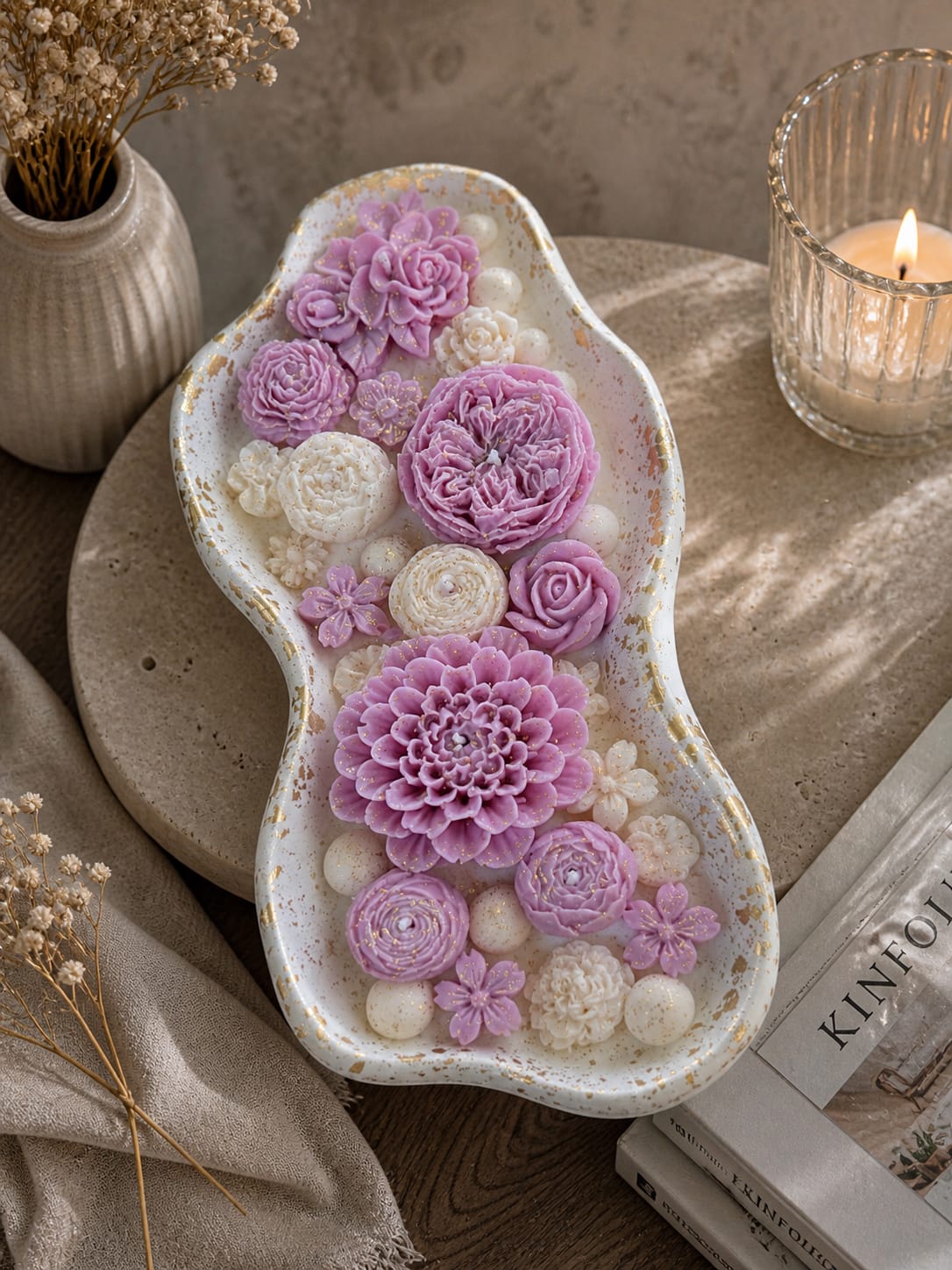Exklusive Blumenkerze aus Olivenwachs Große handgemachte Blumenkerze mit floraler Dekoration und Goldfolie