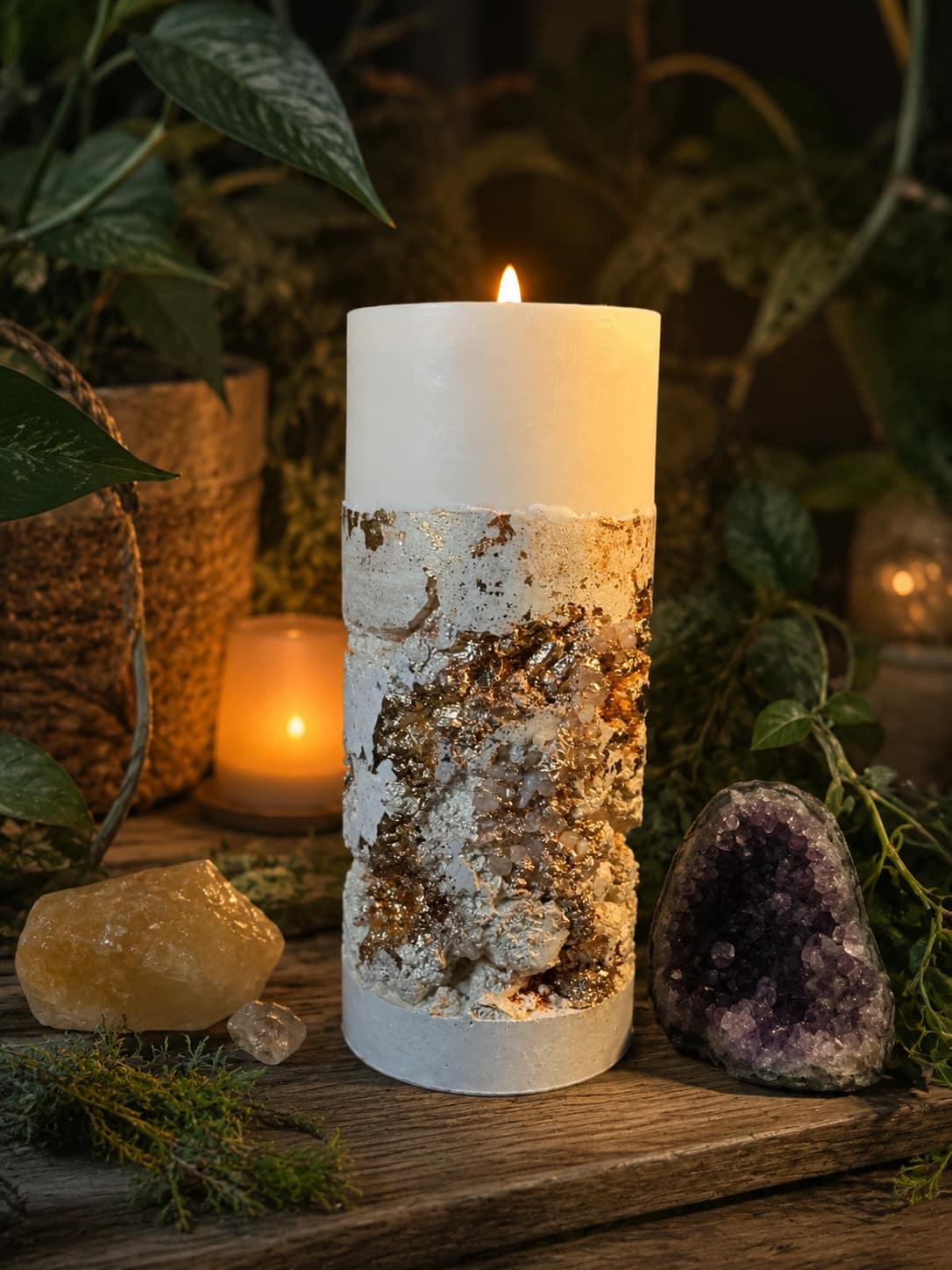Luxuriöse Betonkerze mit Lavendelduft und Natursteinen Handgefertigte Betonkerze mit Lavendelduft, Blattgold und Natursteinen in elegantem Wohninterieur