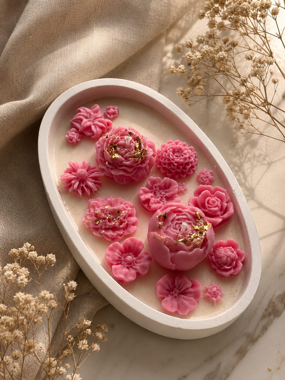 Dekorative rosa Kerze mit floralem Design Dekorative rosa Sojawachs Kerze mit Blumen im warmen beige Interieur