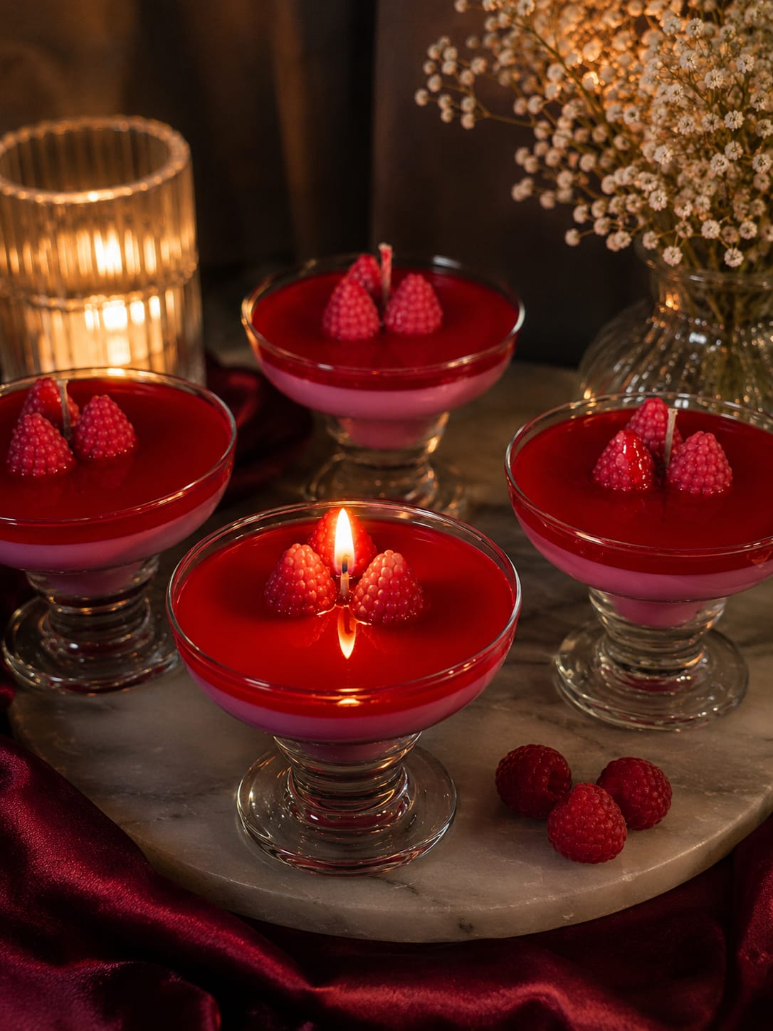 Himbeer Dessertkerze aus Sojawachs Handgemachte Dessertkerzen im Glas mit Himbeer-Dekor und brennender Kerze in romantischem Ambiente