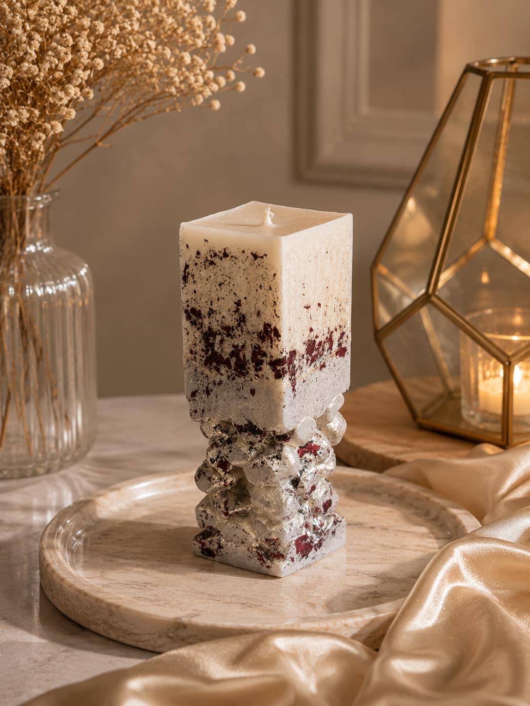 Luxury Betonkerze „Rich Chocolate“ | Weiße Sojawachskerze mit Silberblatt Luxuriöse weiße Betonkerze aus Sojawachs mit Silberblatt und süßem Duft nach Schokolade und Karamell.