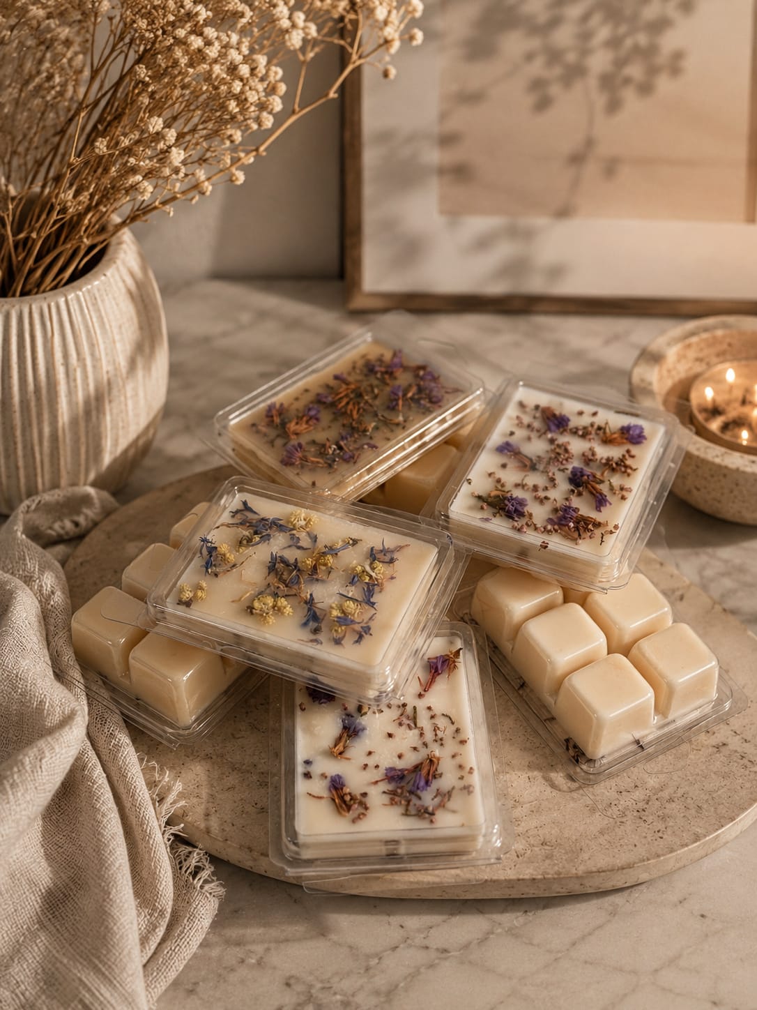 Sojawachs Wax Melts mit botanischer Dekoration Natürliche Wax Melts aus Sojawachs mit Blütenblättern und langanhaltendem Aroma