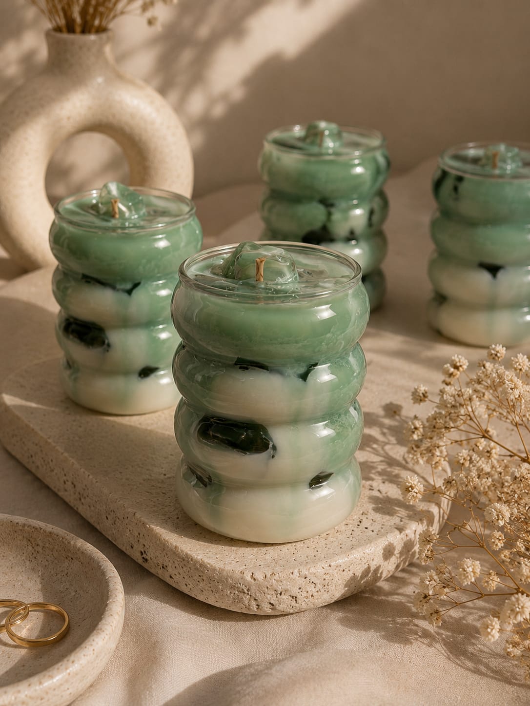 Moderne Matcha Latte Kerzen im Glas Handgemachte Matcha Latte Kerzen aus Sojawachs auf hellem Stoffhintergrund