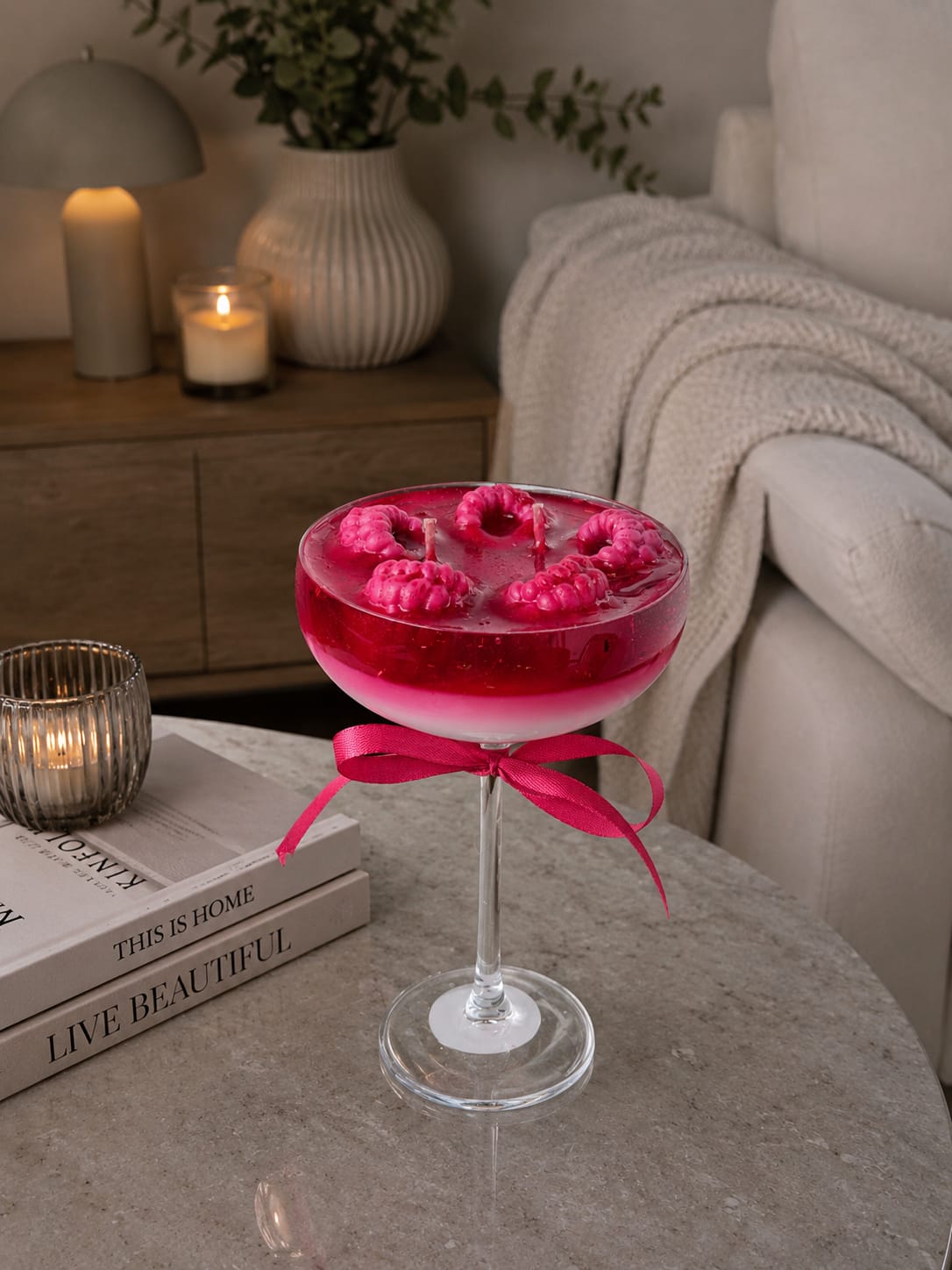 Luxury Raspberry Lemon Candle for Modern Home Decor Modern Raspberry Lemon Gel Candle on Marble Coffee Table