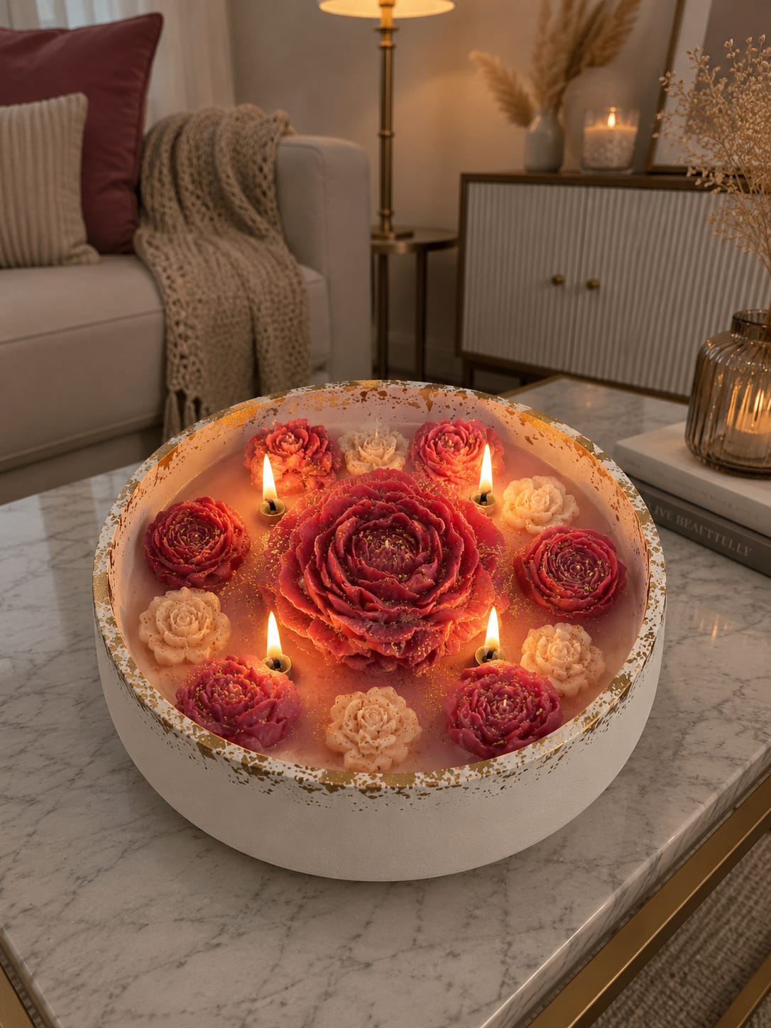Rosenblüte Dekokerze im Gipsgefäß mit Holzdocht Dekokerze im Gipsgefäß mit rosa Sojawachs-Blumen und Holzdocht