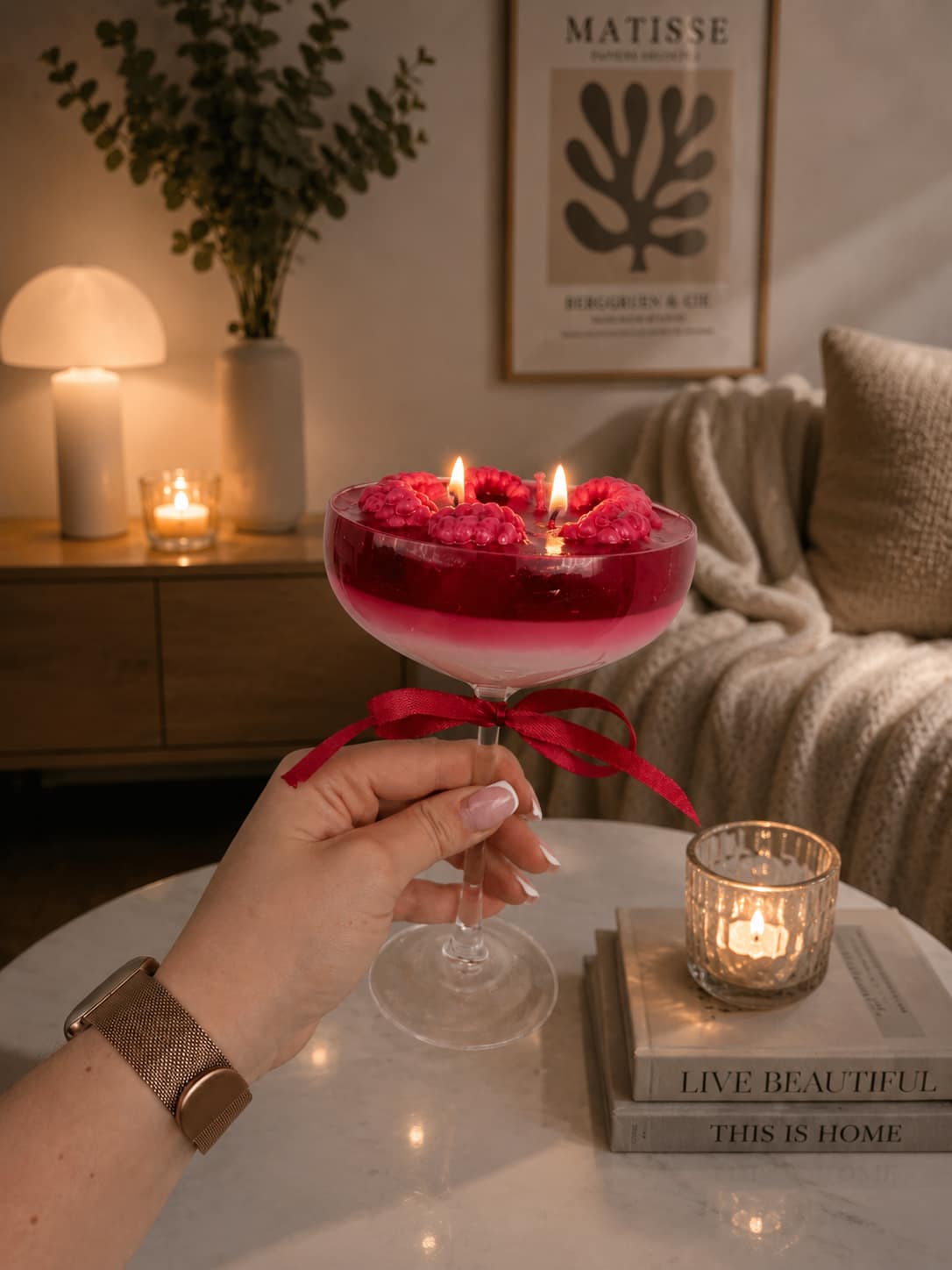 Burning Raspberry Lemon Candle with Luxury Cocktail Design Burning Raspberry Lemon Dessert Candle in Cozy Living Room