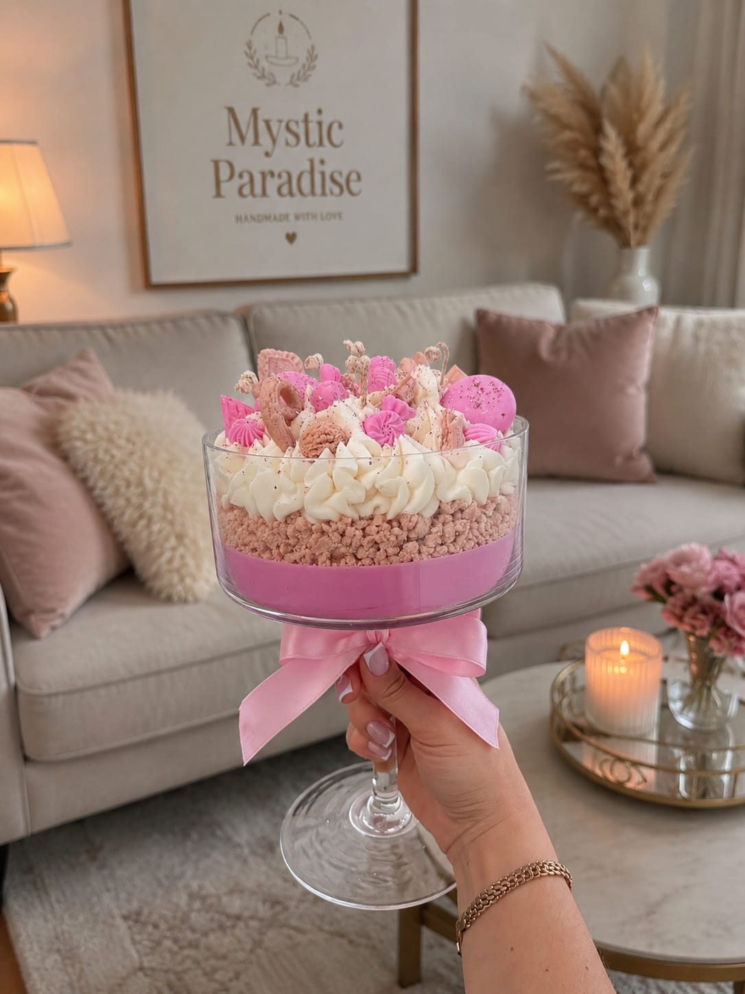 Große Dessertkerze mit Piña Colada Duft Rosa Dessertkerze im Glas mit Piña-Colada-Duft und Sojawachs-Dekoration