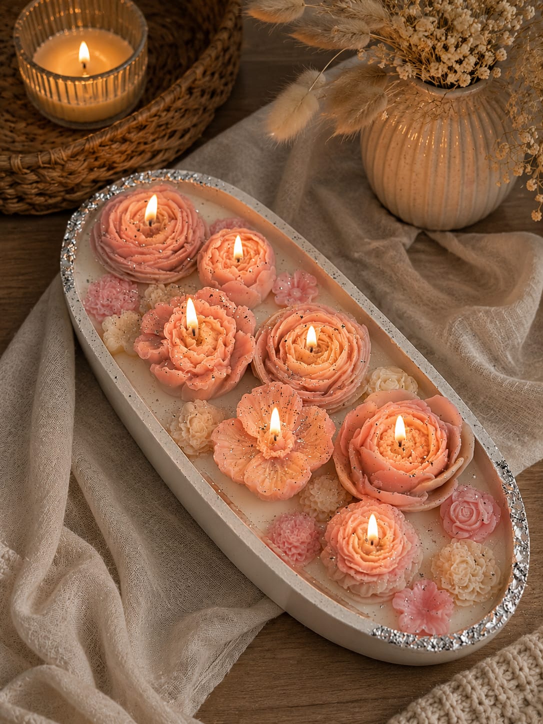 Handgemachte Floral Candle Tray Luxuriöse ovale Blumenkerze mit rosa Blüten und sieben brennenden Dochten auf neutralem Dekor