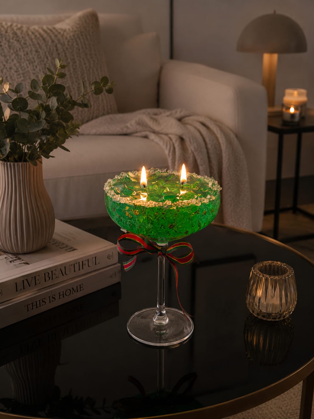 Luxury Lemongrass Gel Candle with Crystal Ice Design Green Lemongrass Gel Candle in Elegant Cocktail Glass