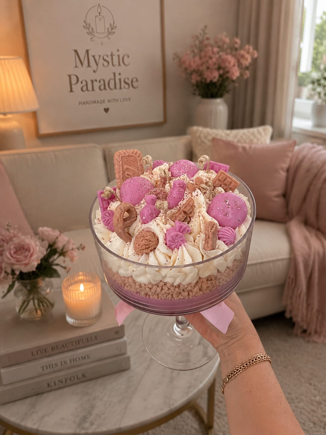 Piña Colada Dessertkerze im Glas – Mystic Paradise Dessertkerze im Glas mit Piña-Colada-Duft aus Olivenwachs und handgefertigten Sojawachs-Figuren