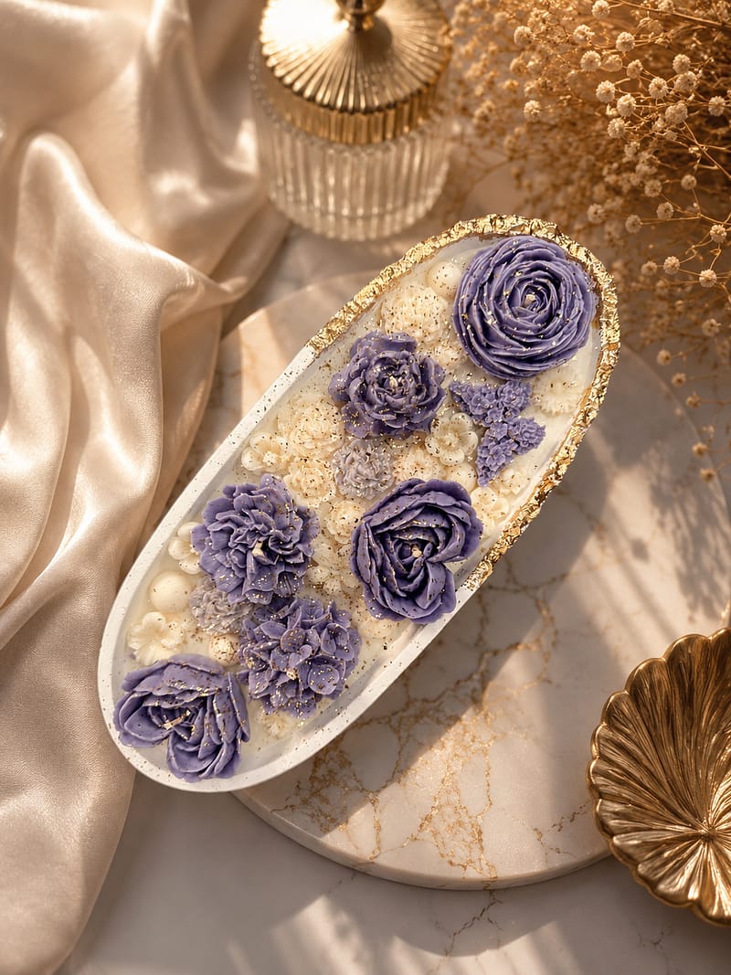 Handgefertigtes Gips-Kerzengefäß mit Olivenwachs und lila Sojawachsblumen in elegantem Interieur