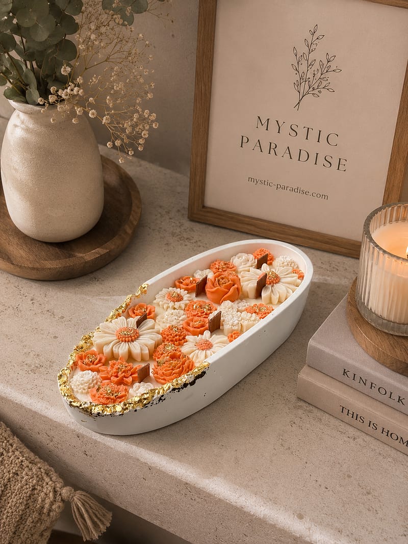 Luxuriöse handgemachte Blumenkerze mit goldenen Details von Mystic Paradise