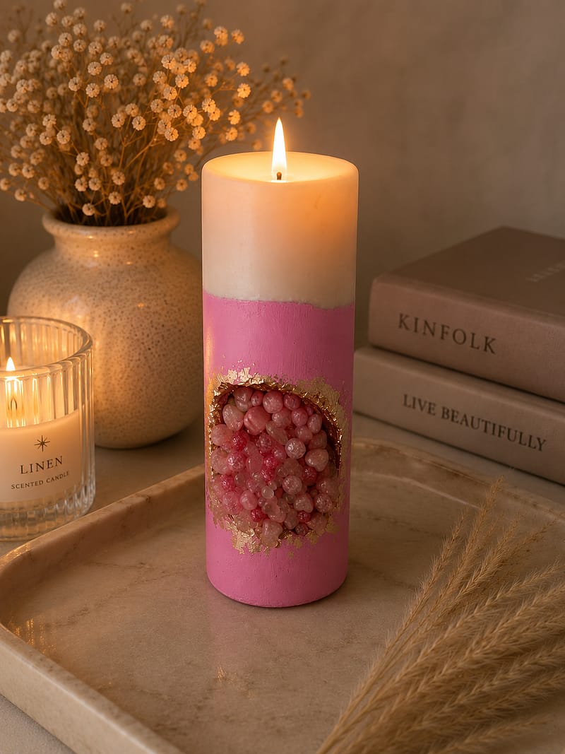 Kerzen Handgefertigte rosa Geodenkerze mit Kristalloptik und Blattgold in luxuriösem Interior