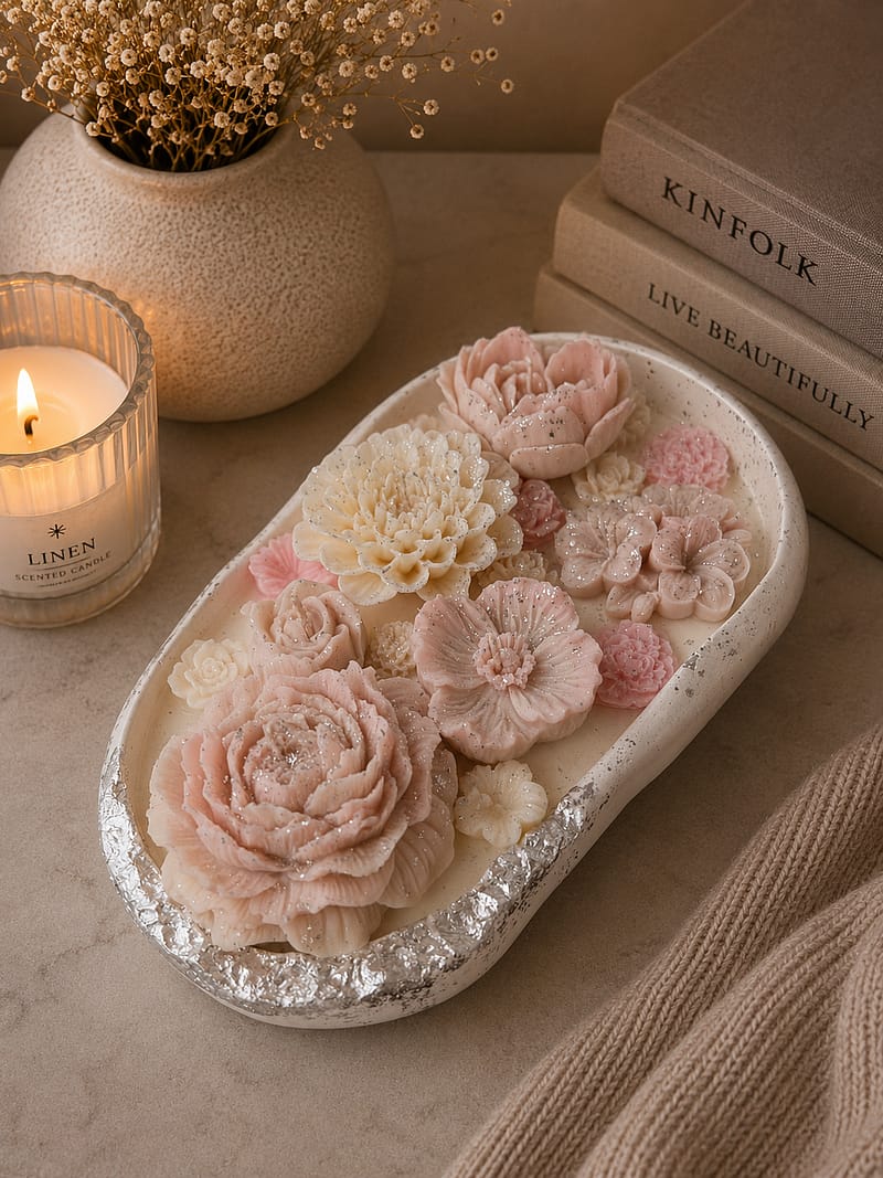 Florale Kerze mit rosa Wachsblumen im weißen Keramikgefäß als elegante Wohnraumdekoration
