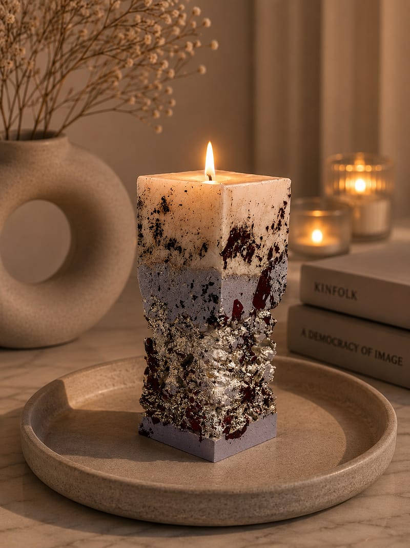 Kerzen Handgefertigte weiße Betonkerze mit Goldakzenten und sanftem Vanilleduft in modernem Luxus-Interieur.