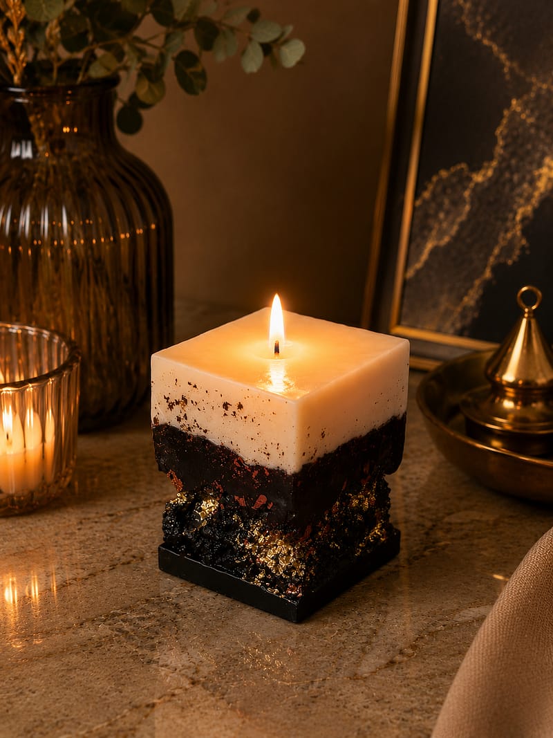 Kerzen Handgemachte schwarze und weiße Sojawachskerze mit goldenen Details brennend im luxuriösen Interior