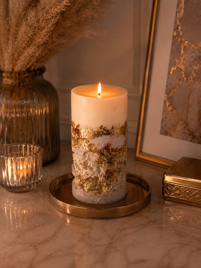 Kerzen Brennende handgefertigte Sojawachskerze mit goldenen Akzenten und strukturierter Marmor-Optik auf luxuriösem Interior-Hintergrund.