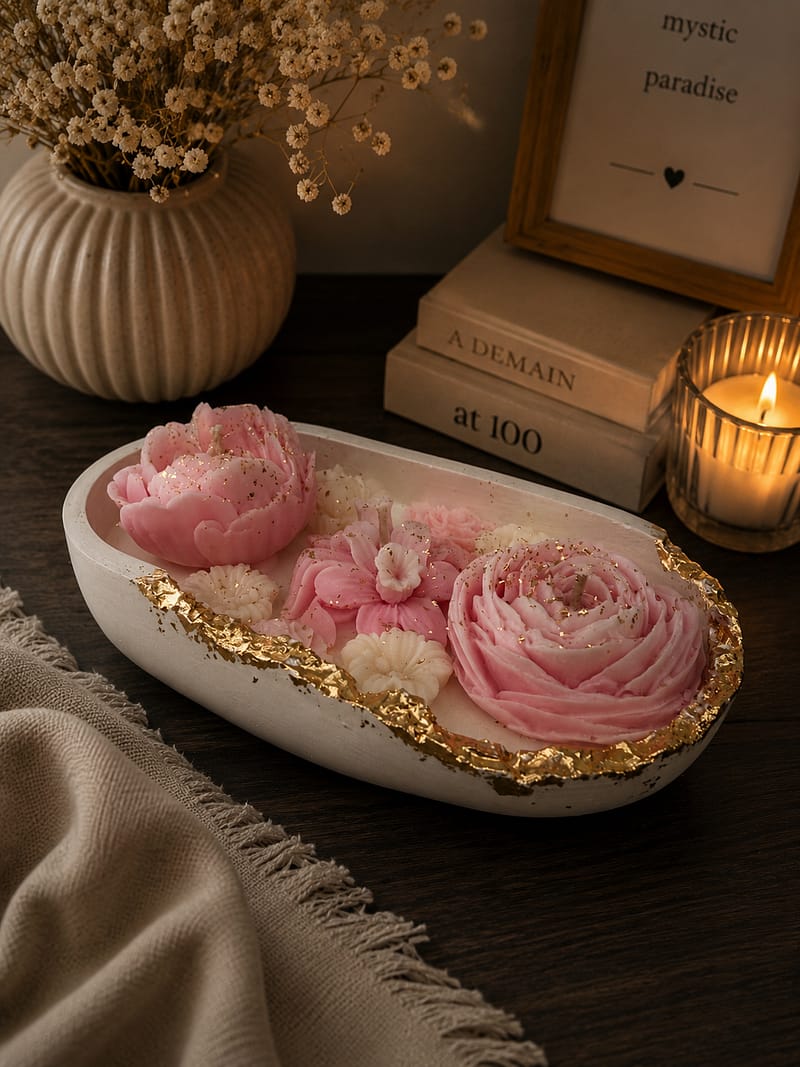 handgemachte olivenwachs kerze mit rosa blumen aus sojawachs im gipstablett mit goldrand