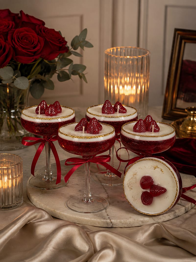 Kerzen Handgemachte Dessertkerzen im Cocktailglas mit roten Beeren und eleganter romantischer Dekoration