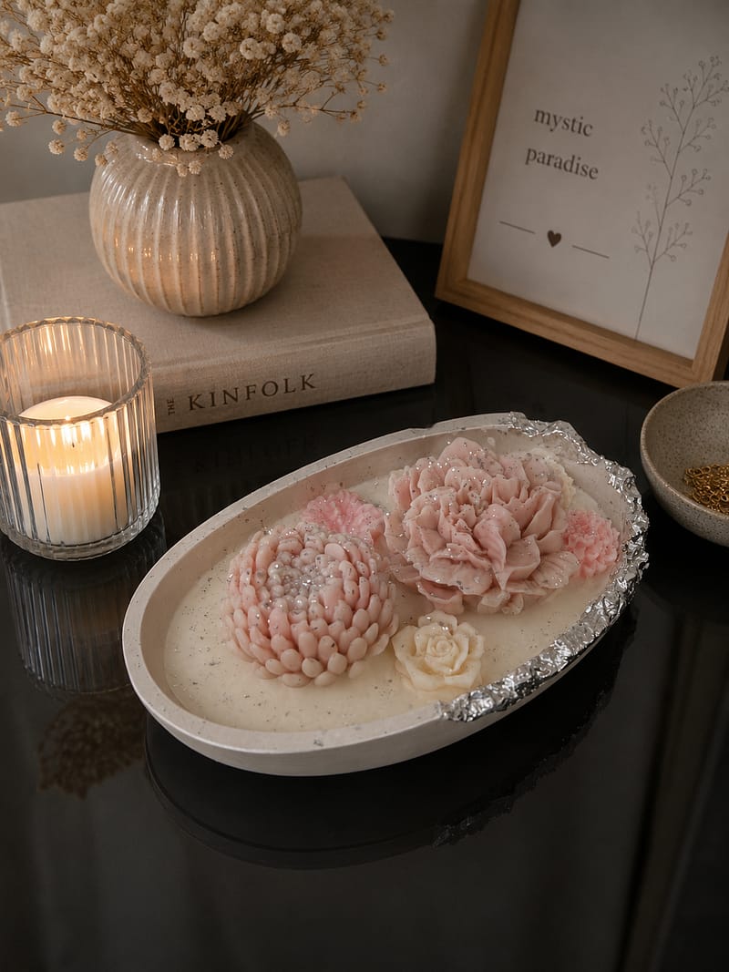 Romantische handgemachte Kerze mit rosa Wachsblumen und silbernen Akzenten