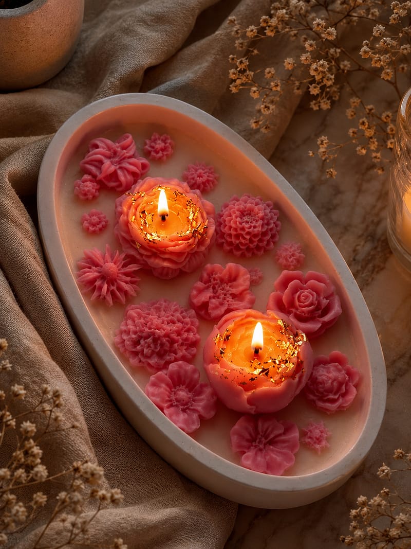 Die handgefertigte Kerze aus hochwertigem Sojawachs begeistert mit filigranen rosa Blüten und einem modernen ovalen Gipsgefäß. Die warme Interior-Dekoration mit Trockenblumen und neutralen Farben macht diese Kerze zu einem stilvollen Dekoelement für Schlafzimmer, Wohnzimmer oder besondere Geschenkboxen.