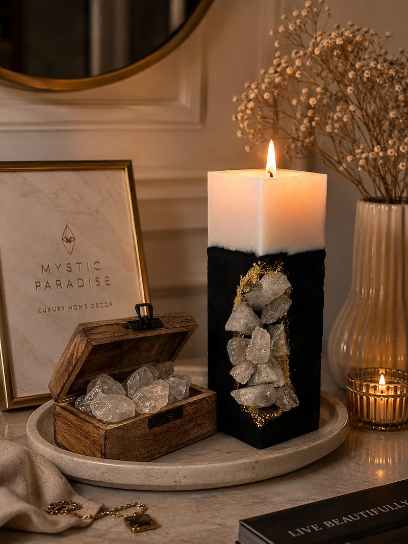 Handgemachte geometrische Kerze mit Kristallen und Blattgold auf Holztablett