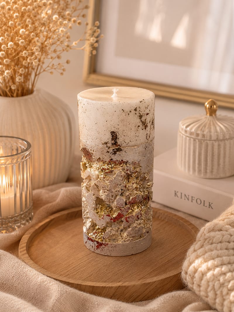 Kerzen Dekorative weiße Kerze mit goldener Textur auf Holztablett im warmen Interieur