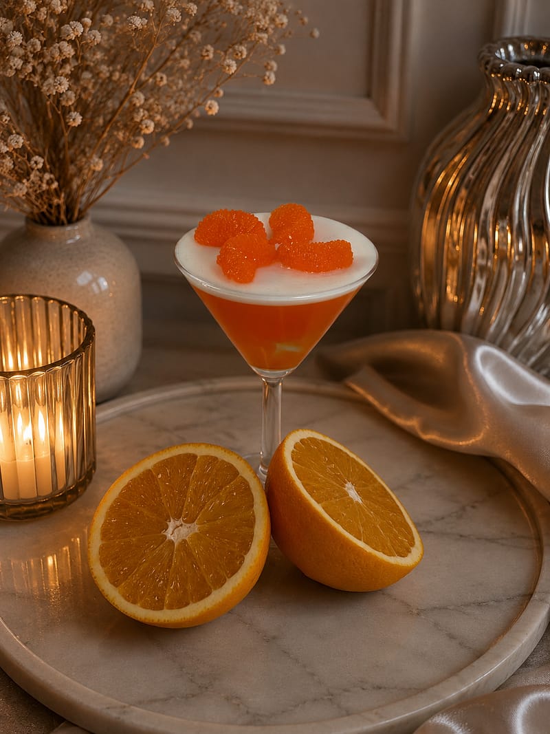 Kerzen Zwei handgemachte Cocktailkerzen im Martini-Glas mit Mandarinen-Dekor und frischen Orangen auf weißem Satin