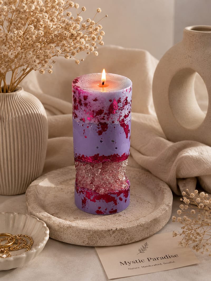 Kerzen Handgemachte Lavendelkerze von Mystic Paradise mit Kristallen und luxuriösem Hintergrund