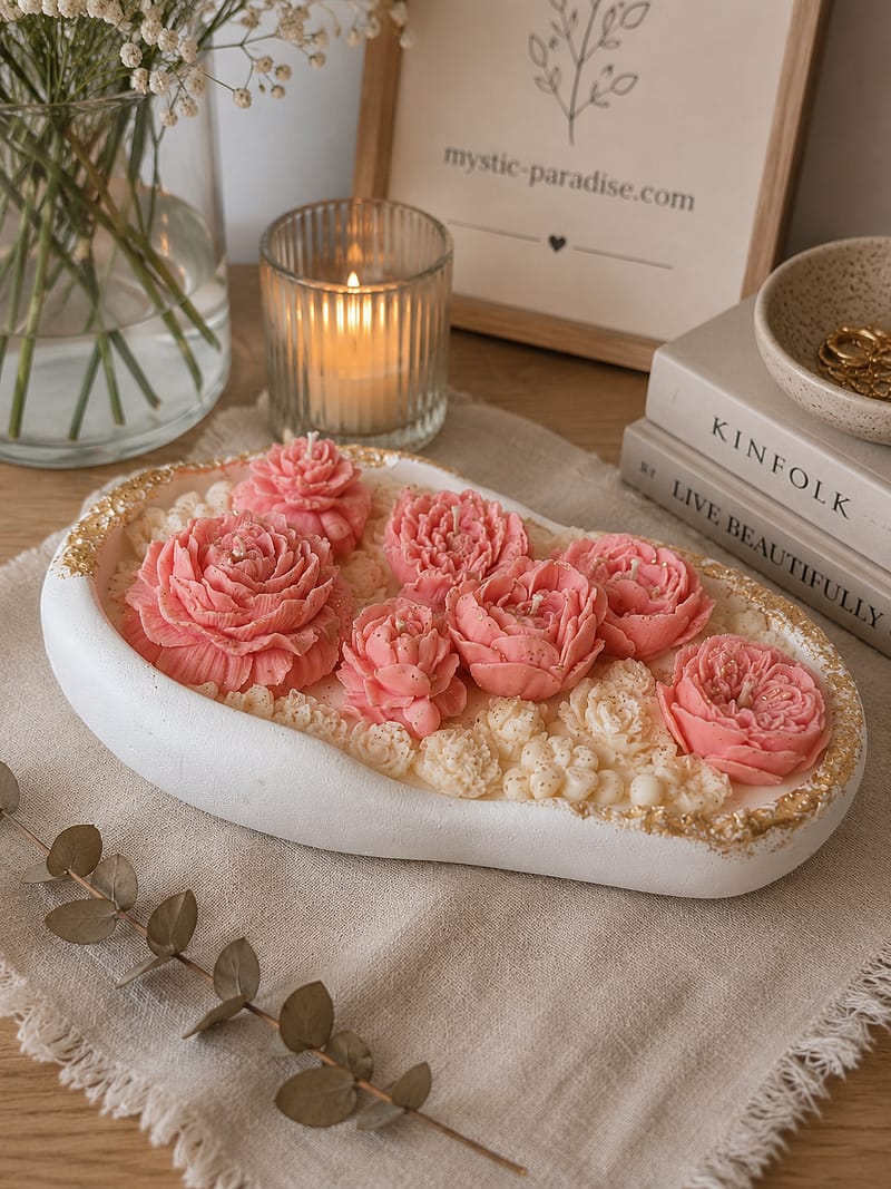 luxuriöse ovale gipskerze mit korallenrosa blüten und goldrand handgemacht aus sojawachs