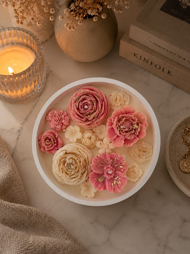 Handgefertigte florale Kerze ohne Duft mit rosa und weißen Blüten im minimalistischen Design