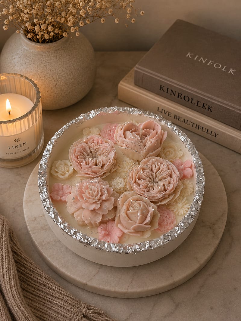 Dekorative florale Kerze mit rosa Wachsblumen in handgefertigtem Keramikgefäß im cozy Wohnstil