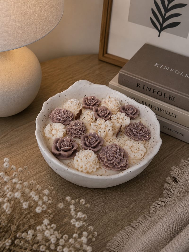Handgefertigte florale Kerze im weißen Keramikgefäß mit violetten und cremefarbenen Wachsblumen auf Holztisch im gemütlichen Interior