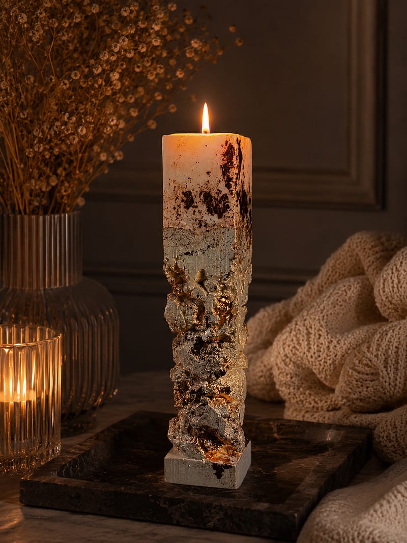Kerzen Brennende Designerkerze mit Karamell-Duft auf Marmortablett im gemütlichen Interior