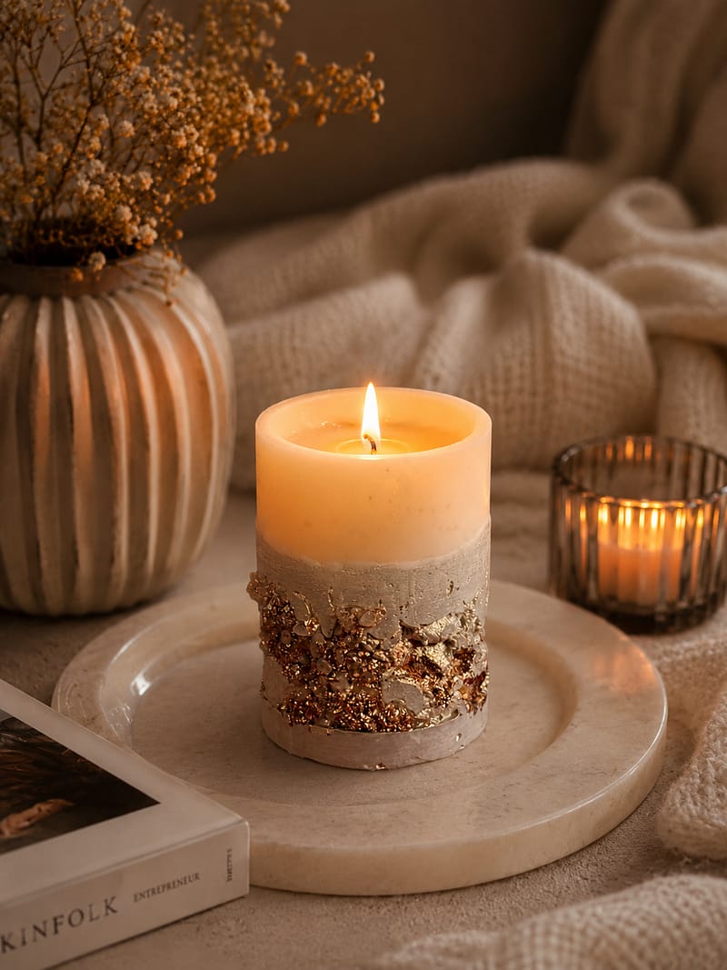 Brennende weiße Betonkerze mit Champagnergold und Natursteinen Duft Apple Crumble & Cookies