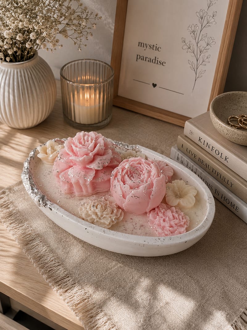 luxuriöse blumenkerze mit rosa und cremefarbenen blüten auf dunklem holztisch