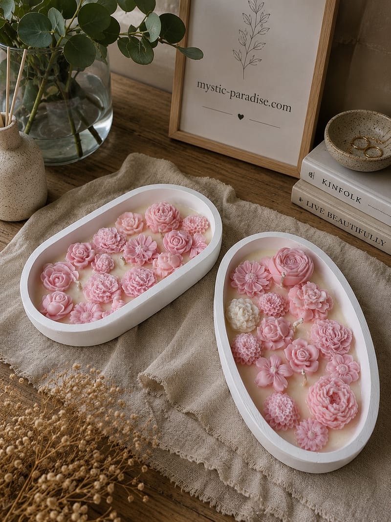 exklusive gipskerze mit handgefertigten blumen aus sojawachs – oval & quadratisch | ohne duft | dekorative geschenkidee