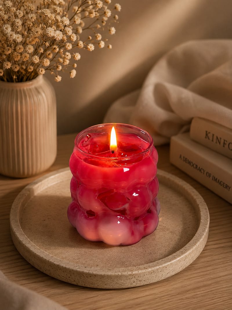 Kerzen Handgemachte rosa Bubble Kerze im Glas brennend auf einem Keramikteller im gemütlichen Interior