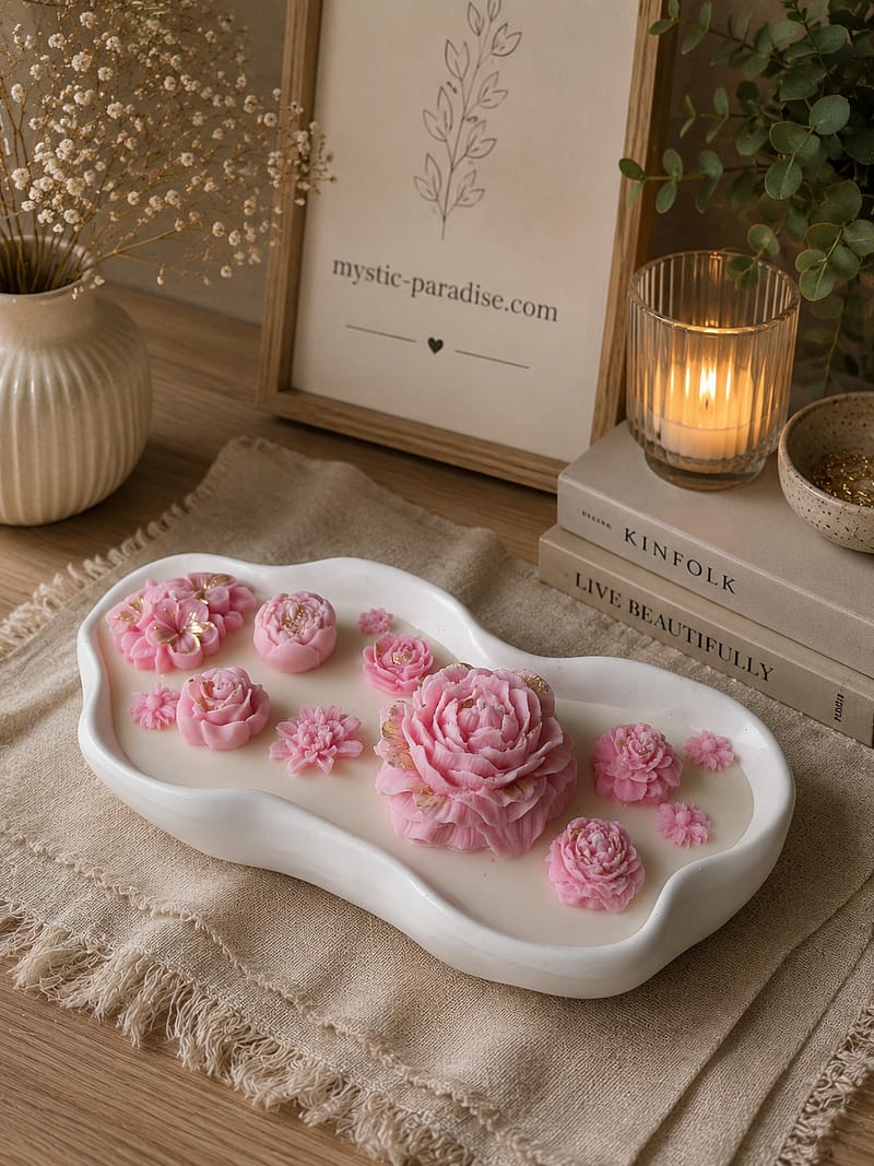 Handgemachte ovale Sojawachskerze mit floralen rosa Blüten in stilvoller Dekoschale