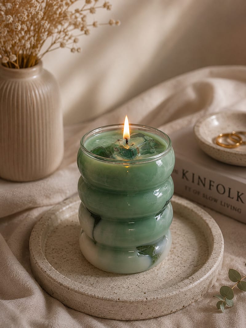 Kerzen Handgemachte Matcha Latte Kerze im Glas mit brennender Flamme und modernem Interieur